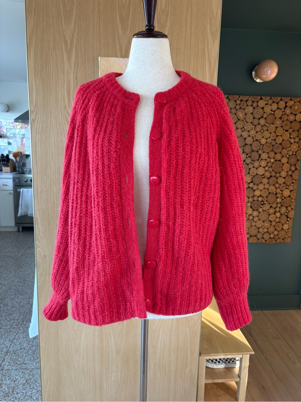 Sézane Crimson Red Button-Front Knit Cardigan